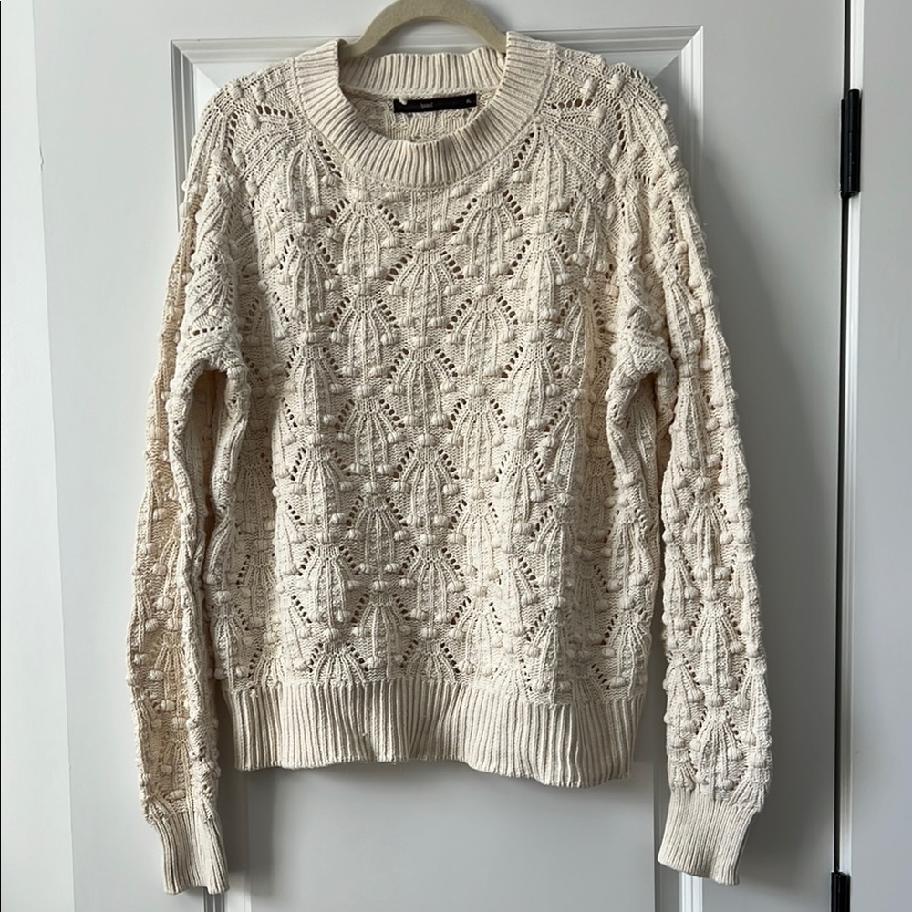 Cream Eyelet Crew Neck Sweater with Textured Knit